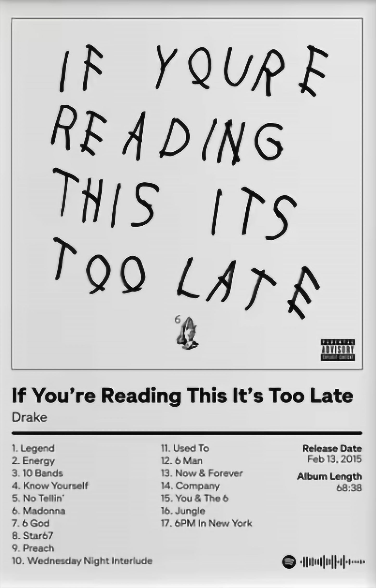 Drake "If You're Reading This It's Too Late" Poster Rap Music Album Cover Aesthetic
